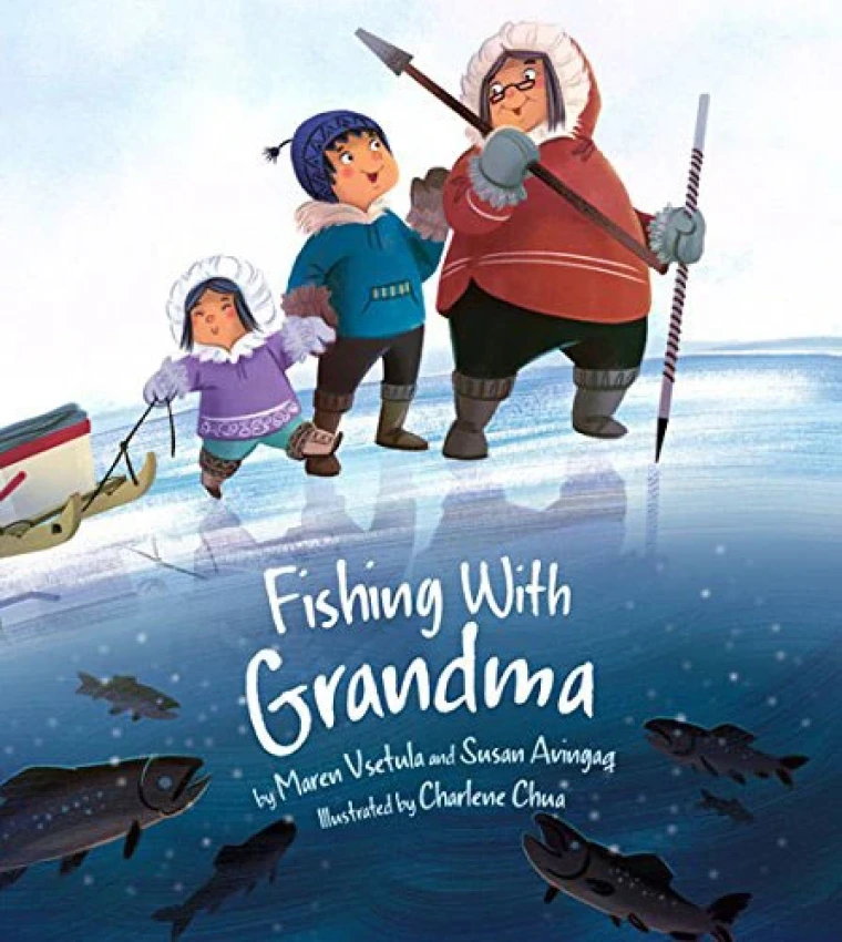 Two young children and their grandmother stand on ice with fishing spears.