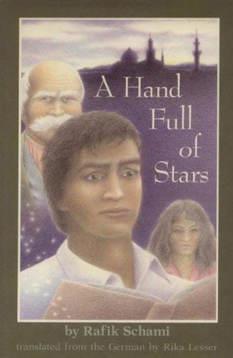 A young man holds open a book with the faces of an old man and old woman behind him.