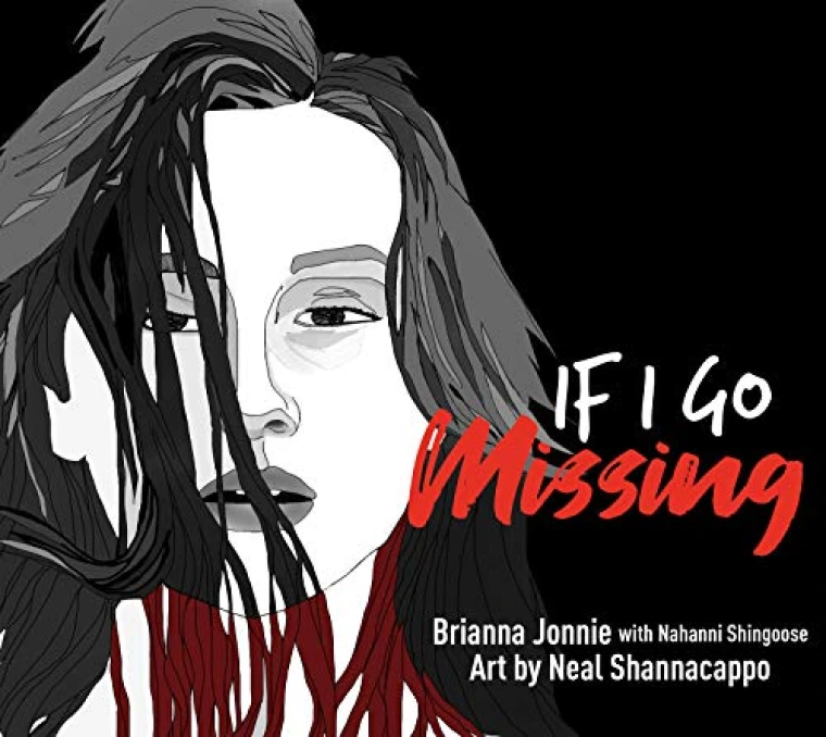 Black and white illustration of a woman with long hair and red blood dripping down her neck.