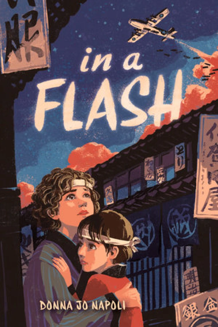 Two children hold each other in the street as a war plane flies overhead.