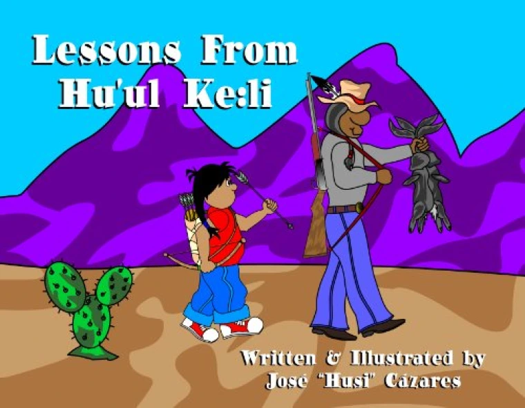 A grandfather leads a child through the desert.
