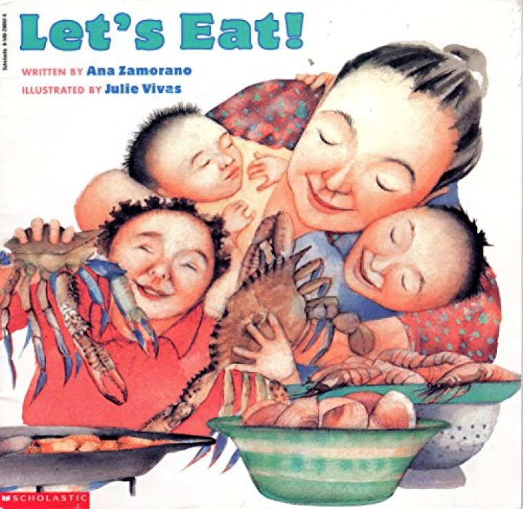 A mom hugs her three kids in front of bowls full of food.