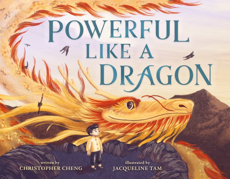 A young boy looks up at a giant golden dragon that smiles at him.