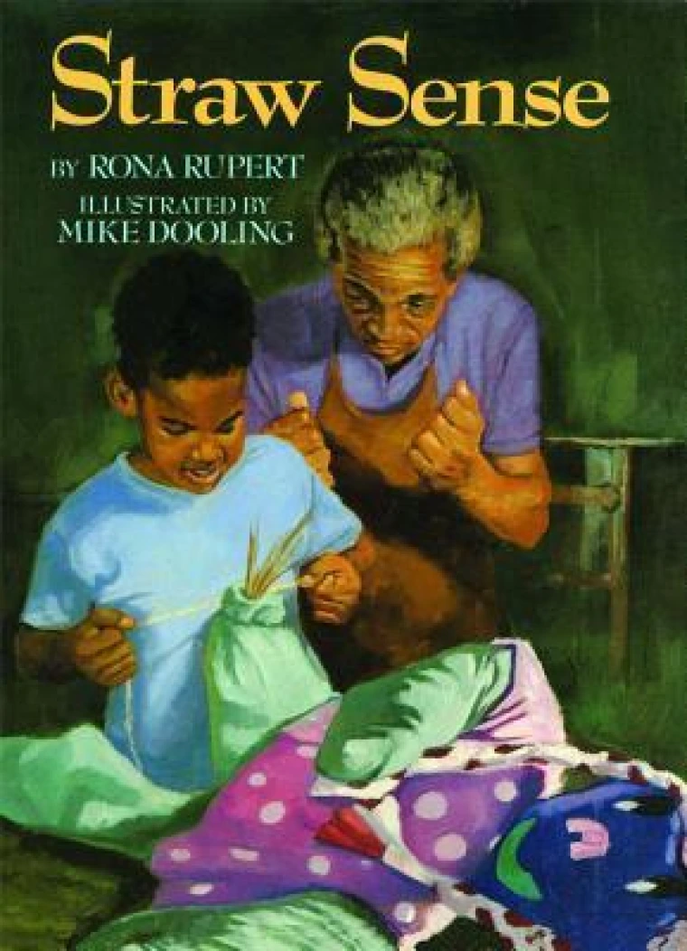 An old woman watches a young boy tie a bag of straw together.
