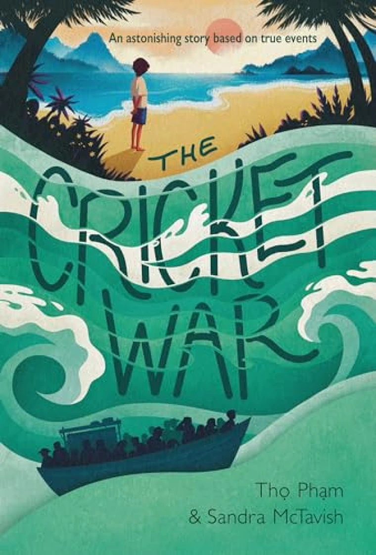 A young boy stands on a beach. Below him a ship full of people is submerged in an aqua ocean.