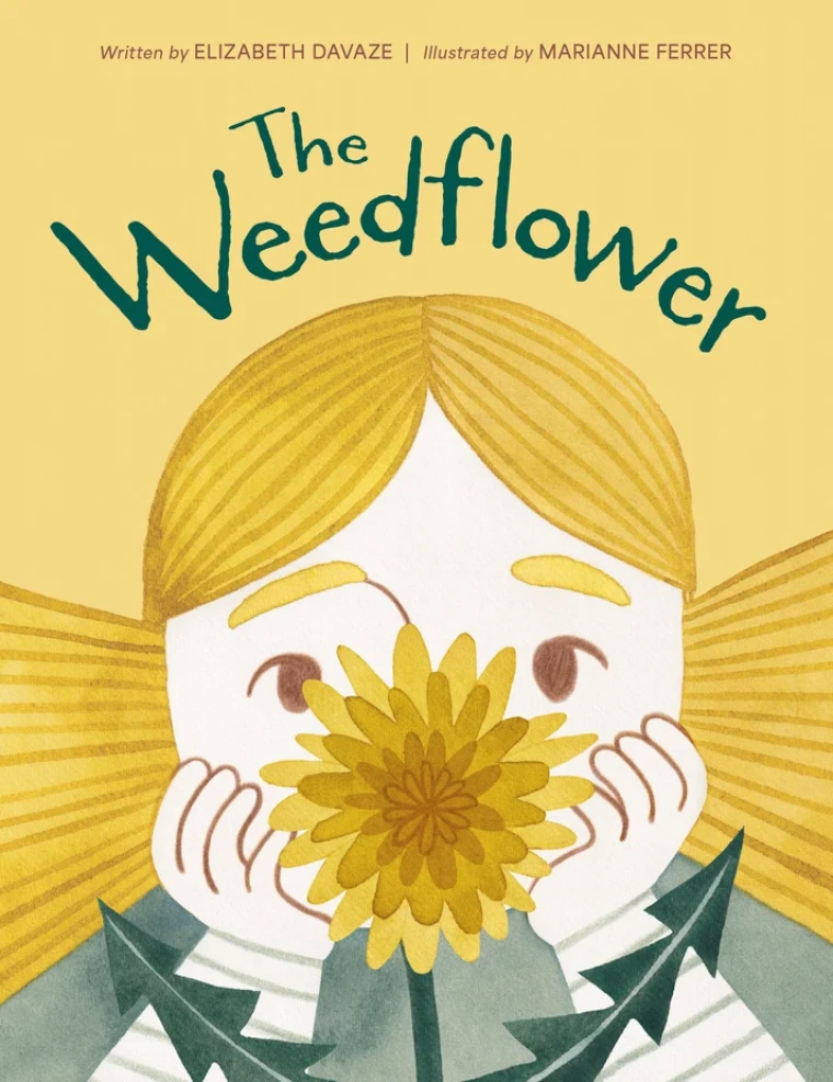 A young girl stares at a yellow blooming dandelion.