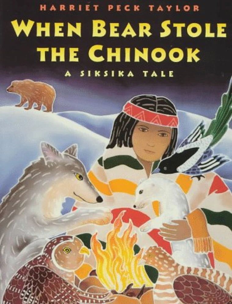 A group of animals with an Indigenous person and a bear in the background.