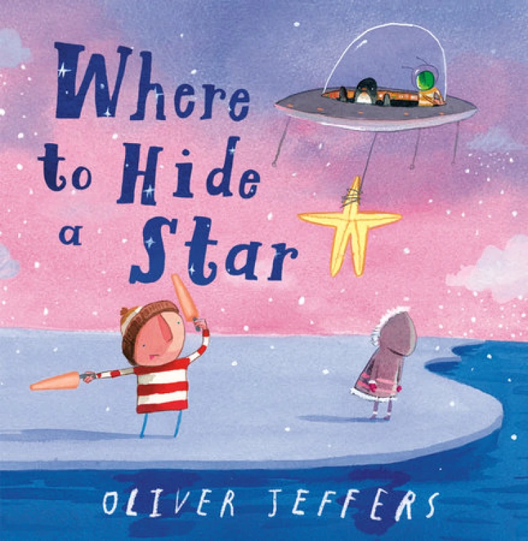A young boy waves an alien spaceship holding a star down to park on an iceberg.