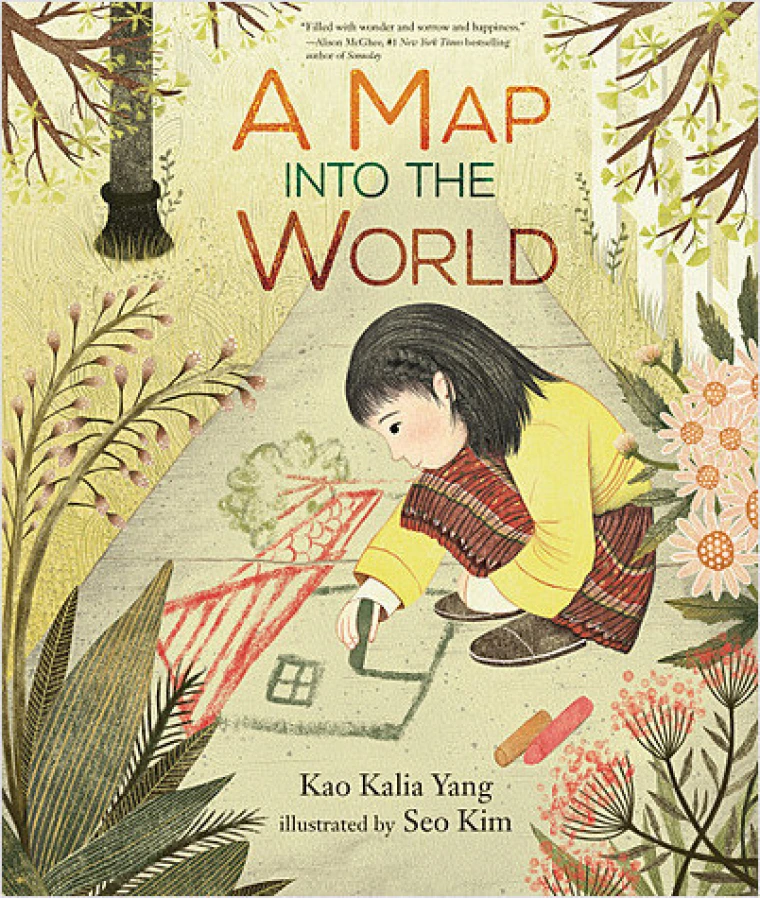 Hmong girl sketching a house with colored chalk on a driveway