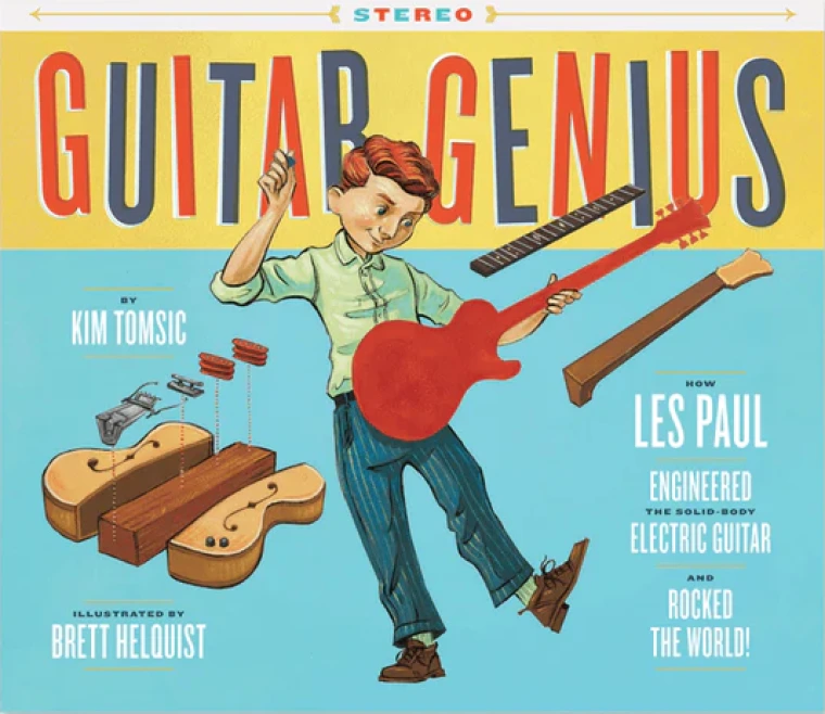 White boy plays air guitar surround by guitar parts