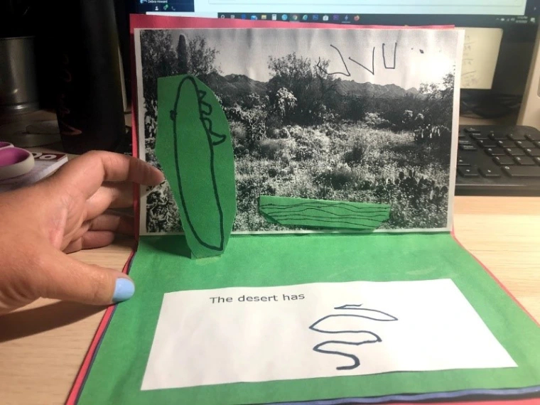 CJ’s drawing of a saguaro standing in the foreground, one lying on the ground, and the “s” he wrote for “saguaro”. He also drew birds flying in the background.