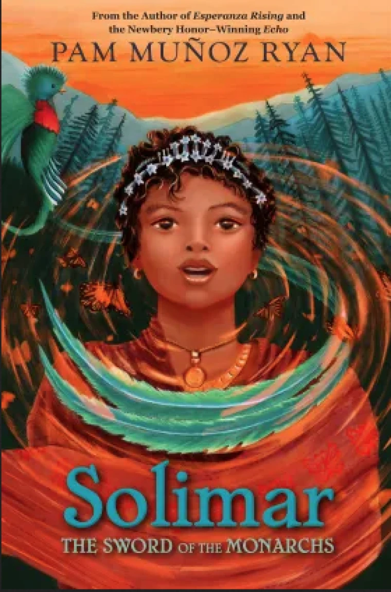 Princess with short curly hair and a floral crown is encircled by a bird's tail.