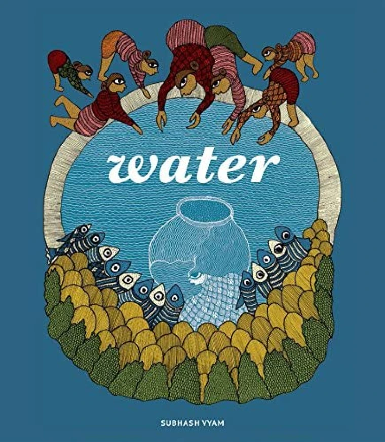 Women and girls dip their hands into a pond.