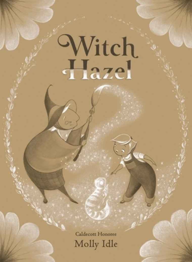 A witch holds up a broom to create a cat made of light for a child.