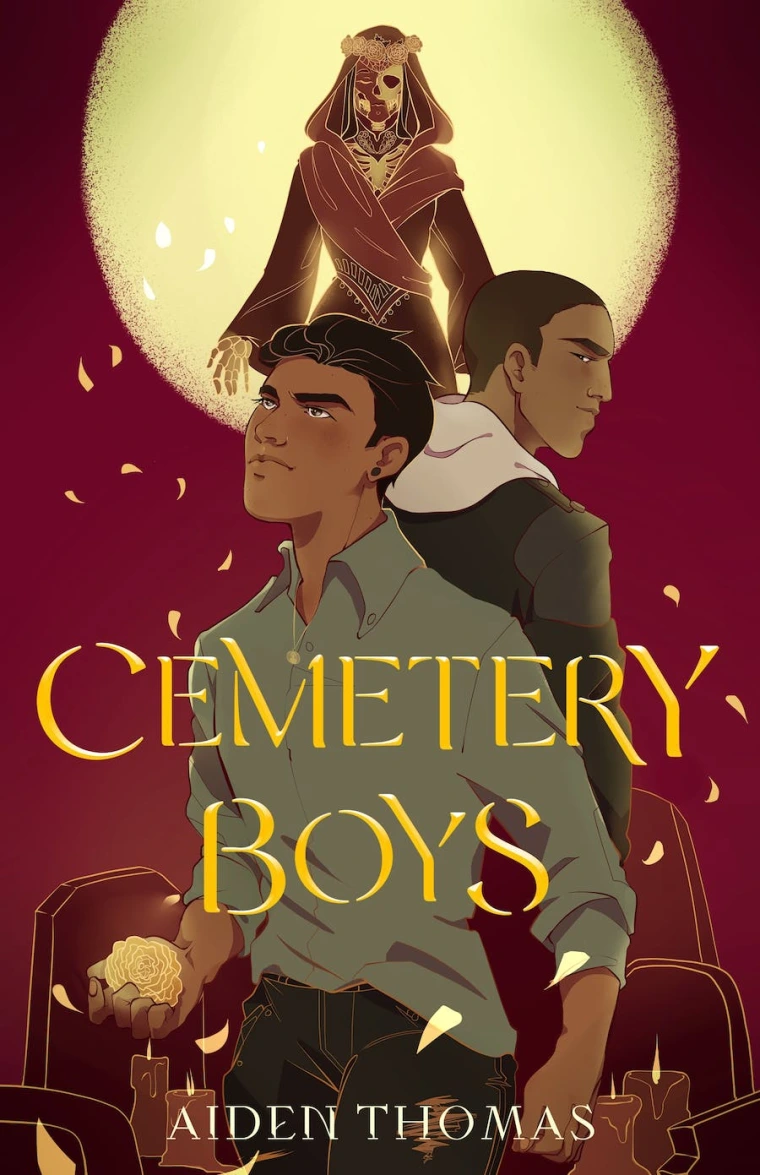 Two boys stand back to back in a cemetery