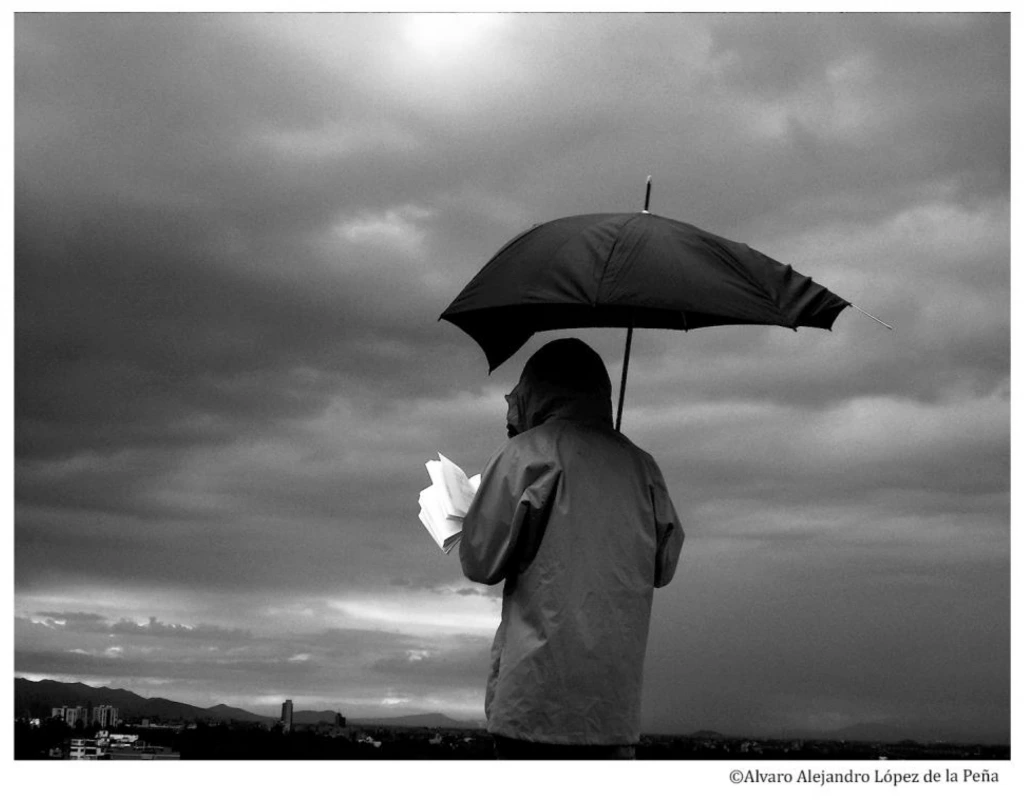 Black and white photograph of a person, back to the camera, holding a broken umbrella over their head as they read. The sky is cloudy and the city is visible in the distance.