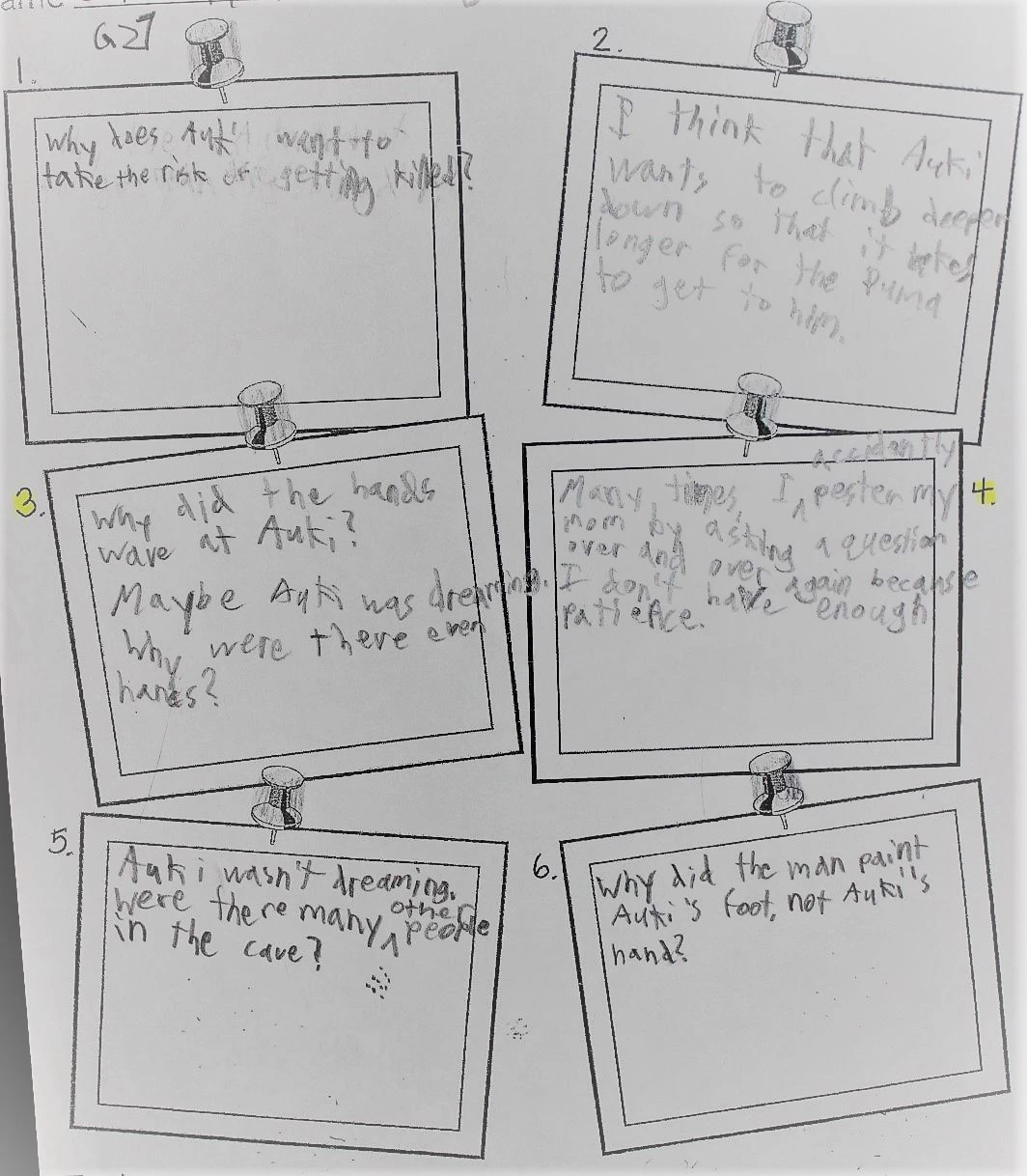 a note page with six different boxes to record predictions, questions, and connections