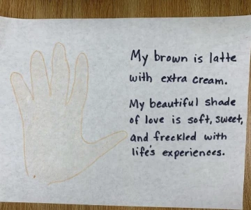 Poem written on paper to the right of a tracing of a right hand.