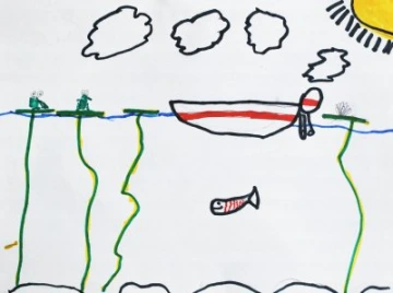 Allie’s illustration of “The big fish swam around the lily pond looking for the little fish.”