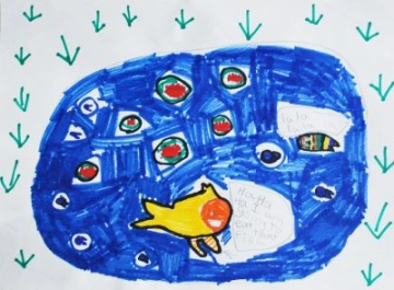 Harita’s illustration of “The big fish swam around the lily pond looking for the little fish.”