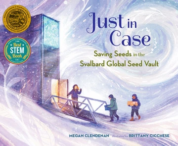 Three people walk through a snowy Arctic landscape to enter a metal building.