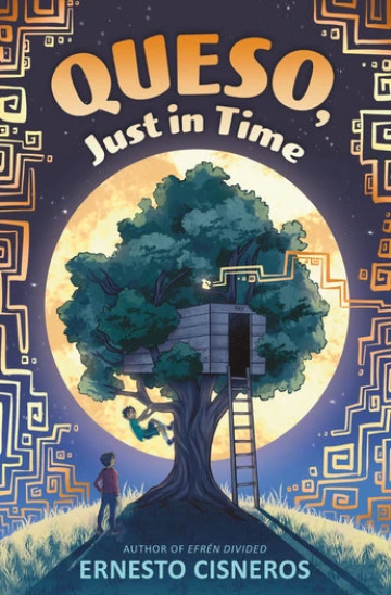 A young boy looks up at a tree house in a tree, the full moon behind the tree. Another young boy climbs up to one of the branches.