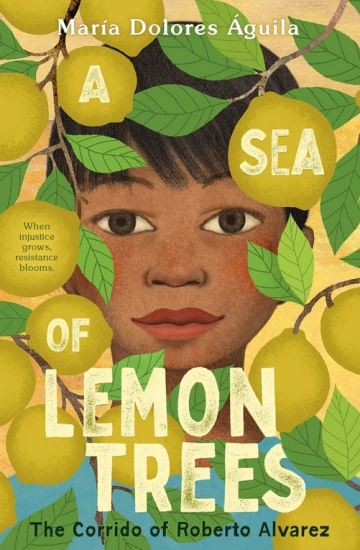 A young boy peers out to the viewer from between branches and leaves of a lemon tree.