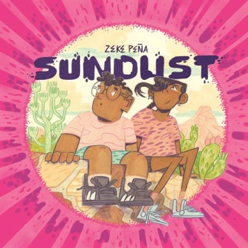 Two children look up at the sky from where they sit in the desert.