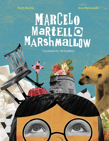 A young boy with glasses looks up to a collage of items including a polar bear, a chair, and a building with cacti sprouting out the roof.