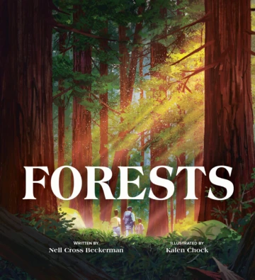 A small family walks through a forest of large trees.