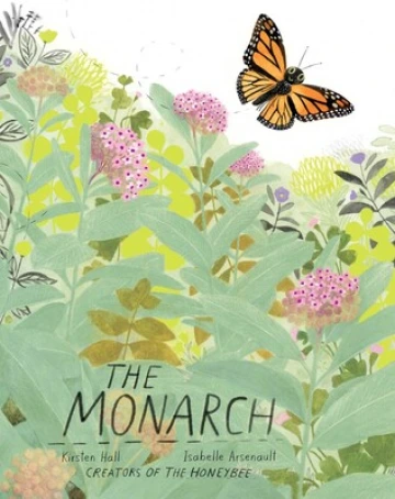 A monarch butterfly flies over pink flowers.
