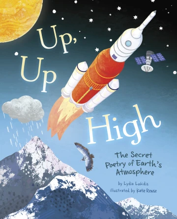 A rocket ship flies away from a snowy mountain.