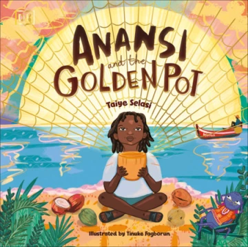A Black boy sits on a beach holding a golden pot.