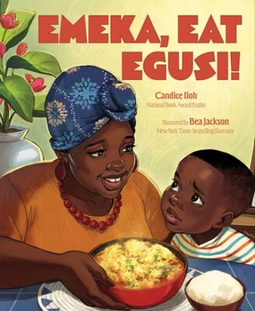 A smiling Black woman in a head wrap pushes a bowl of egusi towards a child.