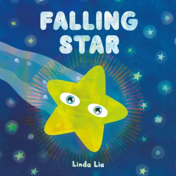 A yellow star with eyes falls through a blue sky.