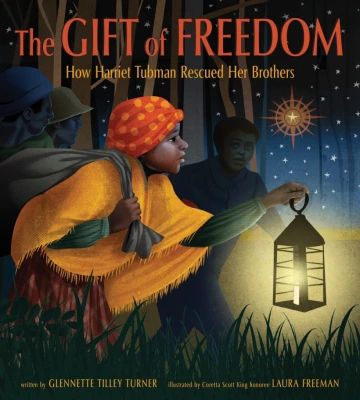 Harriet Tubman dressed in a yellow schawl holds a lanter and leads people through the woods.