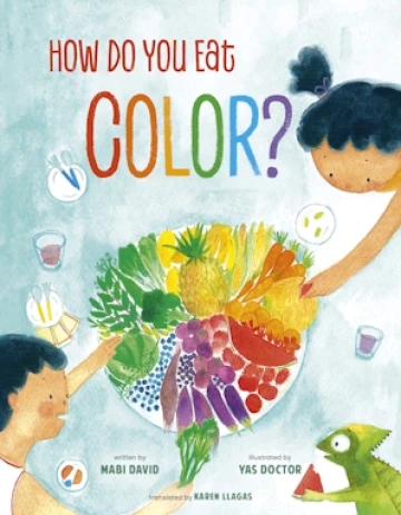 A Filipino girl and boy reach for colorful fruits and vegetables.