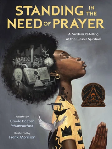 A Black woman holds her hands in prayer. Her afro is full of grayscale images of Black history.