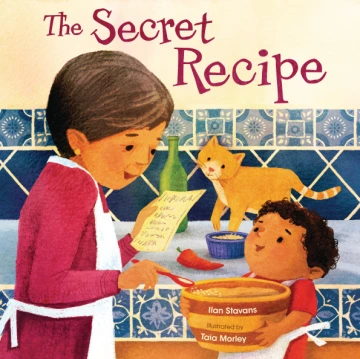 An older Mexican woman holds a recipe in one hand as she cooks with a young boy.