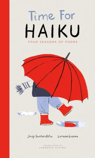 A child holding a red umbrella steps over a puddle.