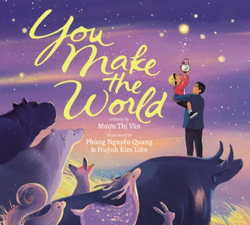 A dad holds up a young boy who holds a glass lantern up to the sky. Behind them is a herd of various animals.