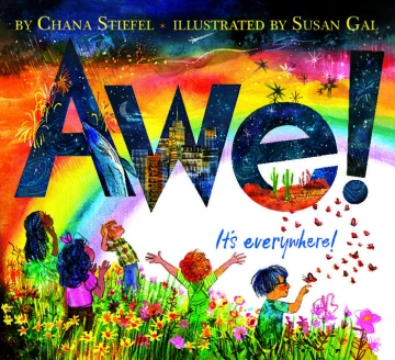 Children in a field of flowers stare up at a giant rainbow.
