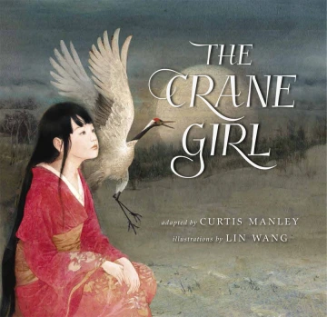 A young woman in a red kimono sits with a crane behind her. 