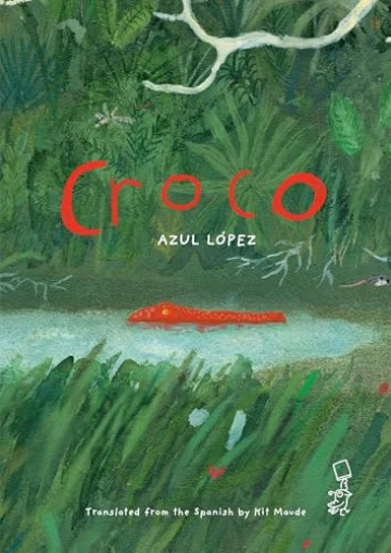 A red crocodile lies in a pond, surrounded by green plants.