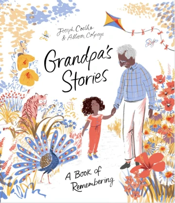 A bright and cheerful depiction of a granddaughter smiling up at her grandfather as they walk hand-in-hand along a cheerful pathway. 