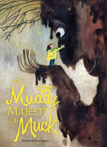 A small girl in yellow stands in the hand of a giant, muddy figure who smiles at her.