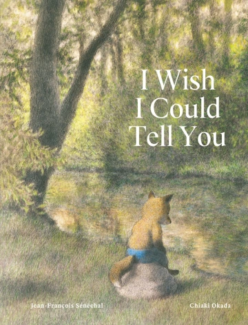 A fox sits under a tree, on a rock, by a stream with his head bowed. 