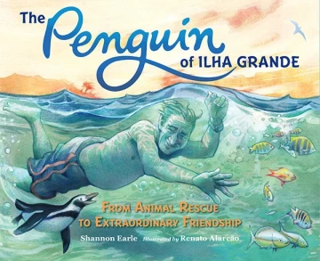 An old man swims with a penguin. 