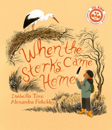 A young Black girl holds up a feather and looks at a stork in a nest. 