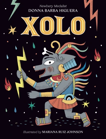 A dog man in Aztec dress holds a lightning bolt.